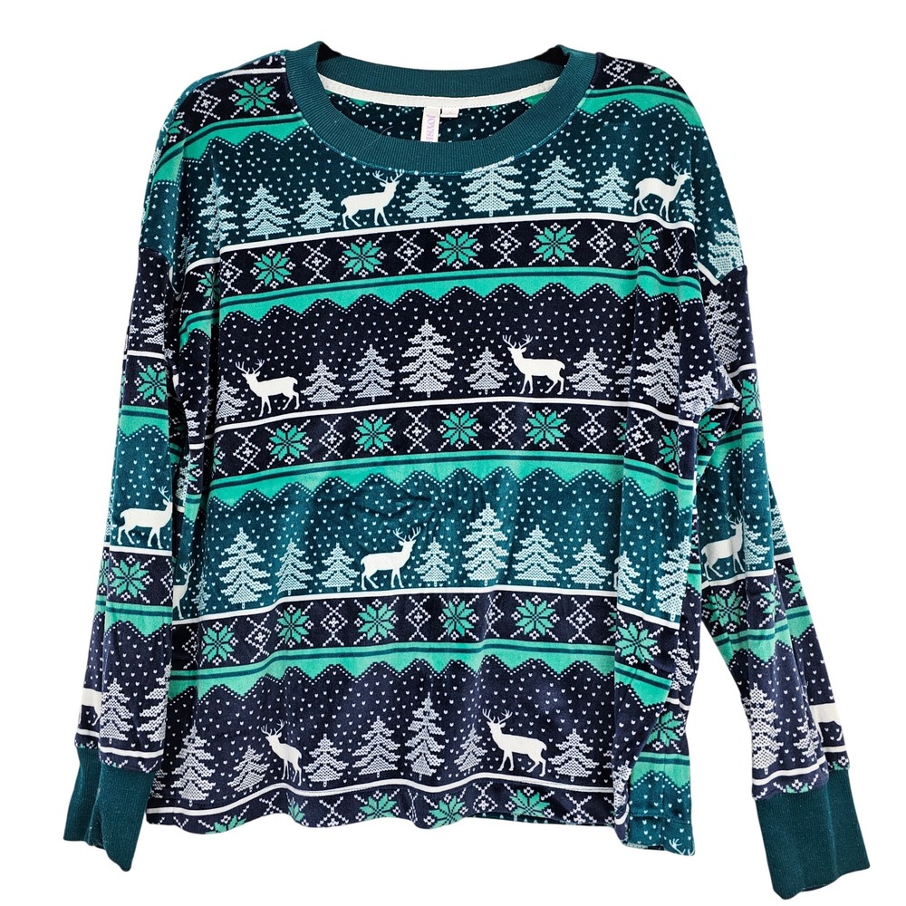 Joyspun Women's Christmas Pajama Set Set Long Sleeve Deer Trees Fair Isle Medium - Picture 7 of 11